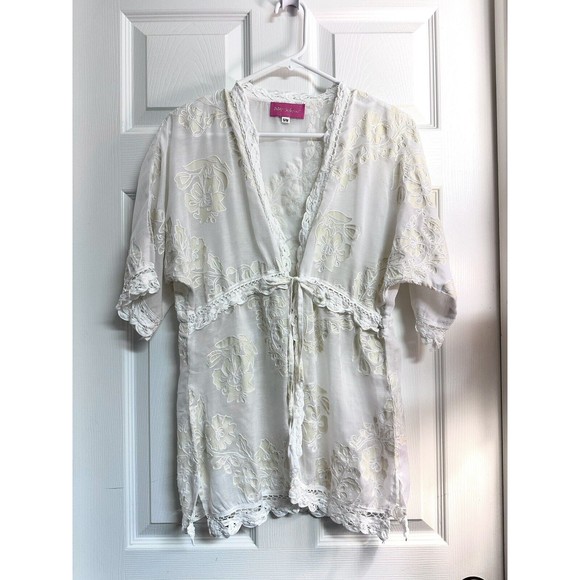 Betsey Johnson White Lace Floral Sheer Kimono Cover Up Tie Front Size S/M - Picture 5 of 11